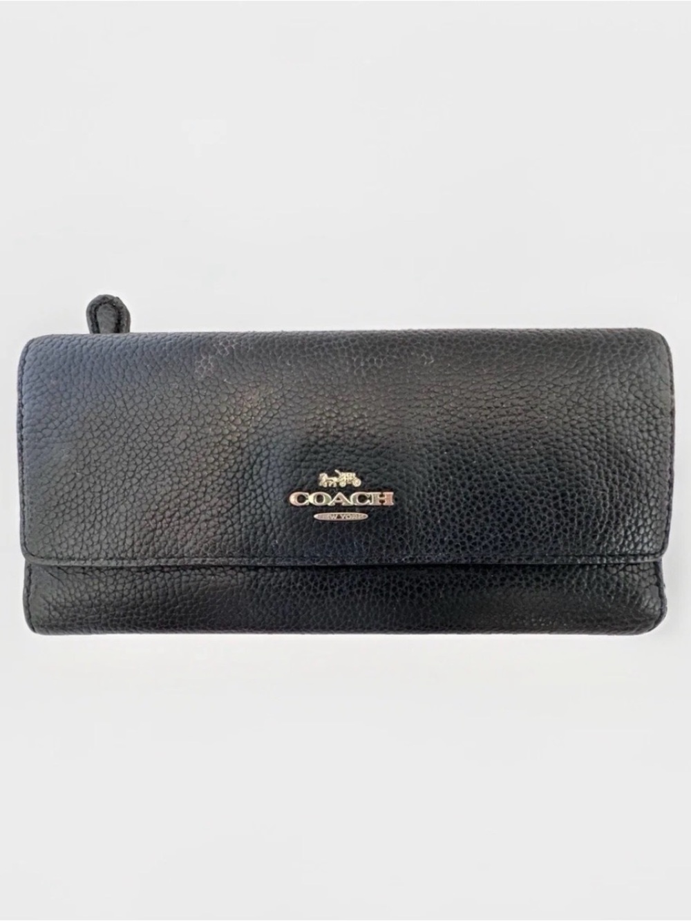 Coach Black Pebbled Leather Continental Wallet with Gold Logo